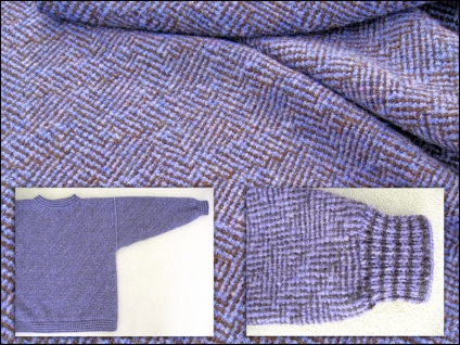 Shadow weave woolen fabric after wet finishing, pullover, and close-up of sleeve with knitted cuff, 2014